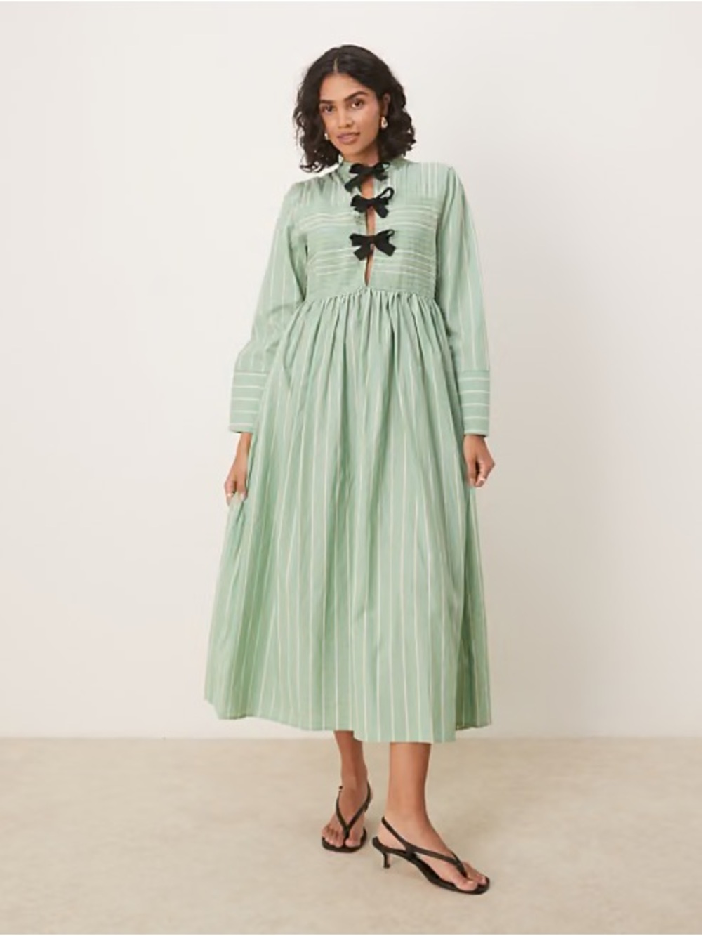 Ghospell Bow Details Midi Maxi Dress in Green Stripes